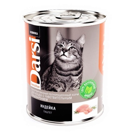 Darsi консервы для кошек с чувств пищ Паштет/Индейкас 340г