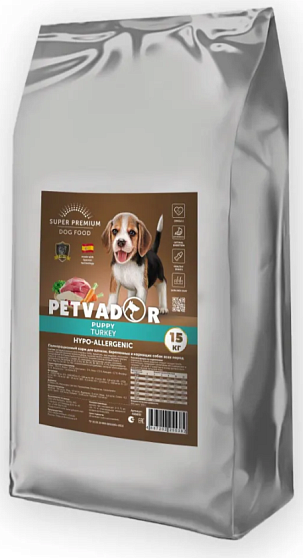 PETVADOR Полнорационный корм для щенков, беременных и кормящих собак всех пород 15 кг