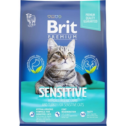 BRIT Premium Cat Sensitivve сухой корм для взр.чувств кошек Ягенок и Индейка 2кг + 500г Подарок