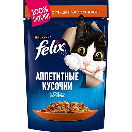 FELIX консервированный для взрослых кошек Курица Томаты Желе, 26x85г