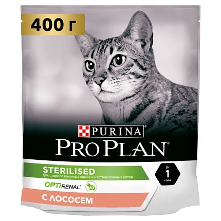 ProPlan, сухой для взрослых стерилизованных кошек и кастрированных котов Лосось, 0,4 кг