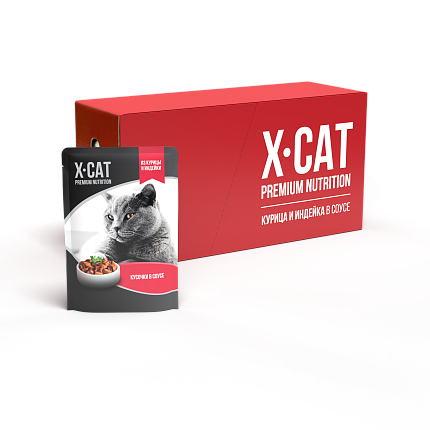 X-CAT Корм консервированный.для кошек курица и индейка в соусе 85 г*24 