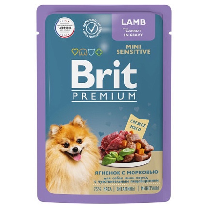 BRIT Premium пауч для взрослых мини собак с чувст. пищ. Ягненок с Морковью в соусе 85г