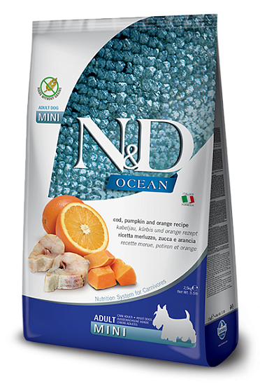 FARMINA N&D OCEAN Mini корм беззерновой для собак мелких пород Треска Тыква Апельcин 2,5кг