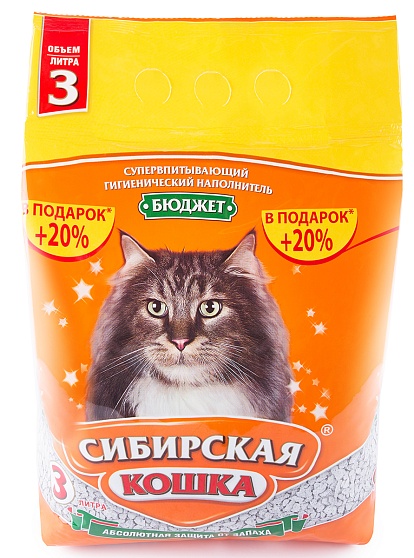 Сибирская кошка Бюджет Наполнитель впитывающий 3л + 20%