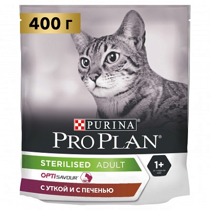 ProPlan, сухой для взрослых стерилизованных кошек и кастрированных котов Утка Печень, 0,4 кг