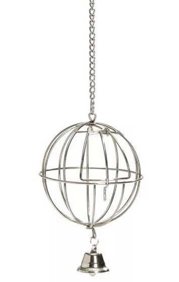 Beeztees Кормушка-мяч металлическая хромированная подвесная с дверцей и колокольчиком 12см