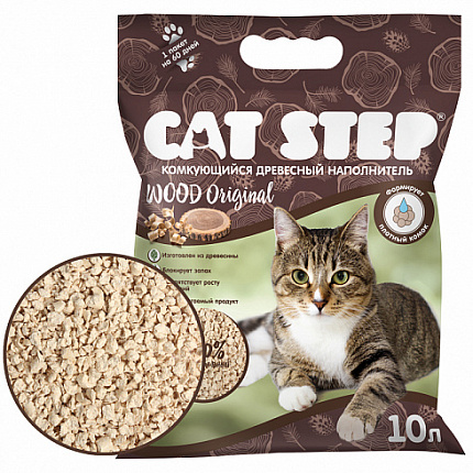CAT STEP Wood Original, Наполнитель комкующийся растительный, 10л