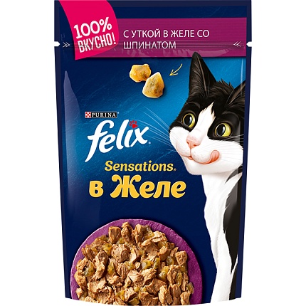 FELIX Sensetions, консервированный для взрослых кошек Утка Шпинат Желе, 26x75г