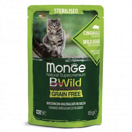 Monge Cat BWild GRAIN FREE, пауч Мясо Дикого Кабана Овощи для стерилизованных кошек 85г