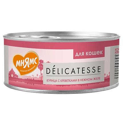 Мнямс консервы Delicatesse влажный дополнительный корм д/кошек Курица с Креветками в нежном желе 70г