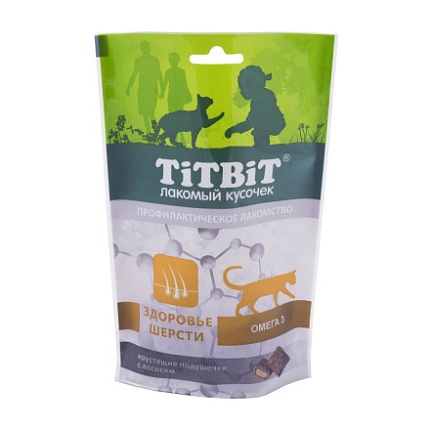 TiTBiT Хрустящие подушечки для кошек с лососем для здоровья шерсти 60 г