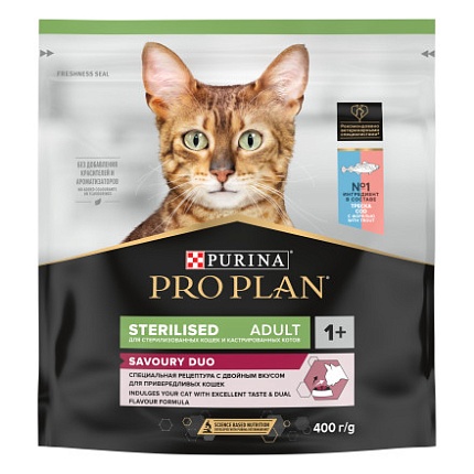 ProPlan, сухой для взрослых стерилизованных кошек и кастрированных котов Треска Форель, 0,4 кг