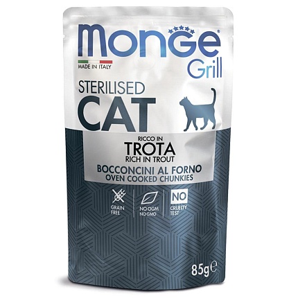 Monge Cat Grill Pouch, консервированный для стерилизованных кошек Итальянская Форель, 85гр. пауч