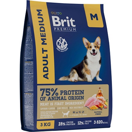 BRIT Premium Dog Adult Medium .для взр собак средних пород Курица 3кг