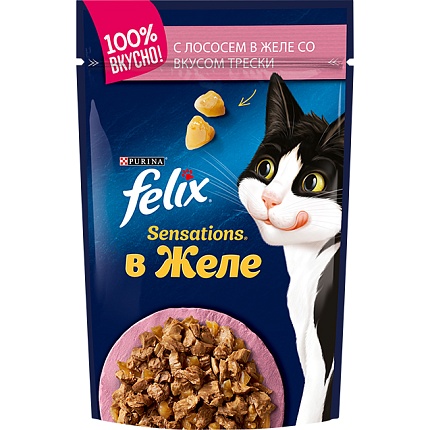 FELIX Sensetions, консервированный для взрослых кошек Лосось Треска Желе, 26x75г