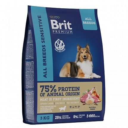 BRIT Premium Dog SensitiveСухой корм.для взр собак всех пород с чувст. пищ.  Ягненок и Индейка 3кг