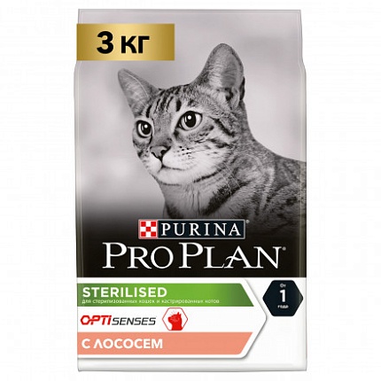 ProPlan, сухой для взрослых стерилизованных кошек и котов, для органов чувств Лосось, 3 кг
